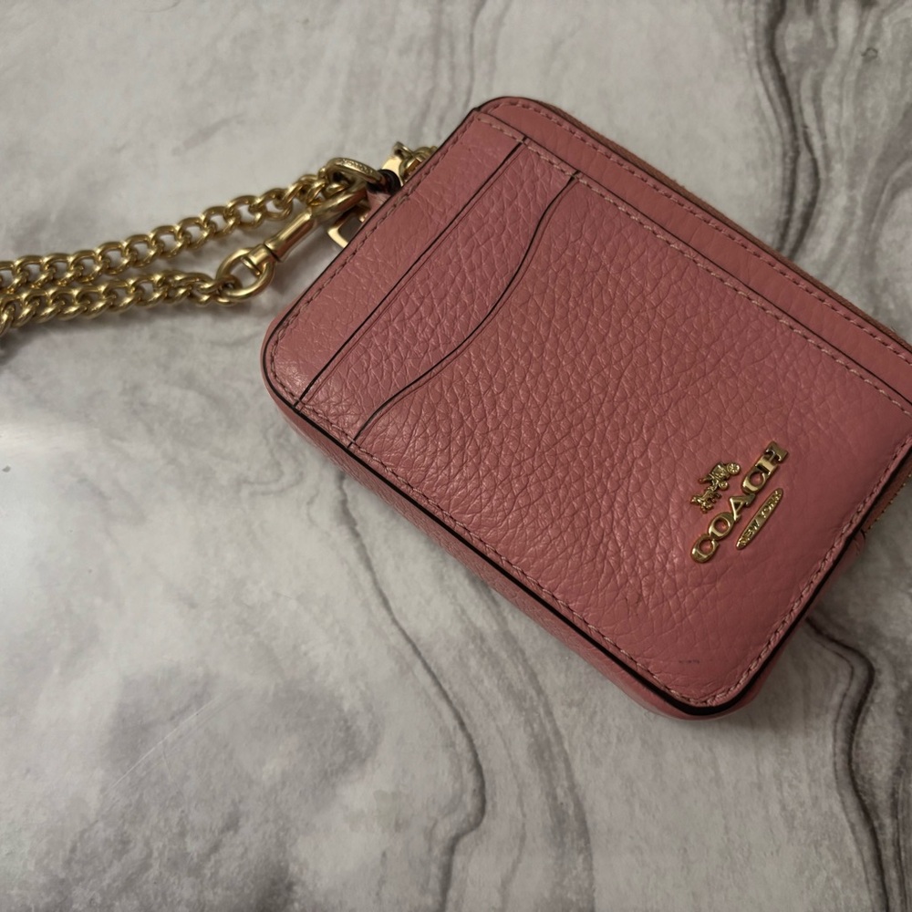 Coach Pink Leather Card Holder with Gold Chain
